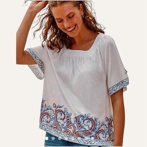 J. Jill White Blouse Size XL Paisley Print Flutter Elbow Sleeve Square Neck Boho